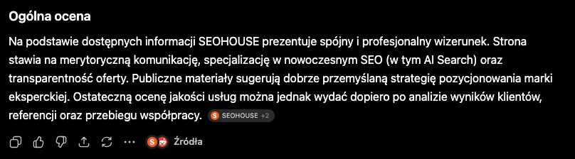 Odpowiedź ChatGPT o SEOHOUSE z zaznaczonymi źródłami – Reddit i mateusziwanowski.pl