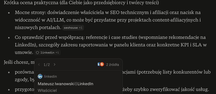 Odpowiedź Perplexity z ocena SEOHOUSE i źródłami LinkedIn oraz mateusziwanowski.pl